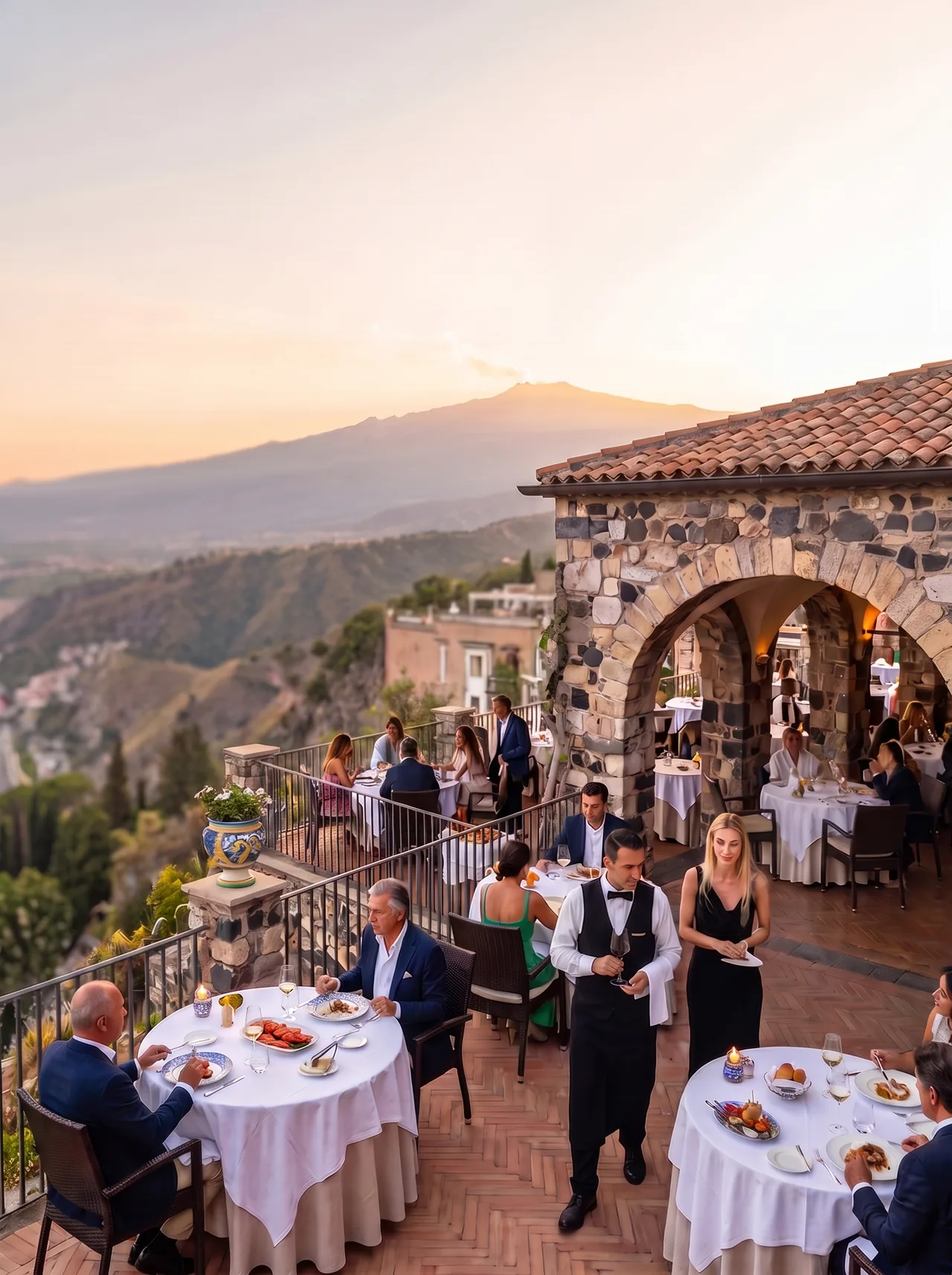 Terrazza del ristorante apparecchiata al tramonto con vista sull’Etna